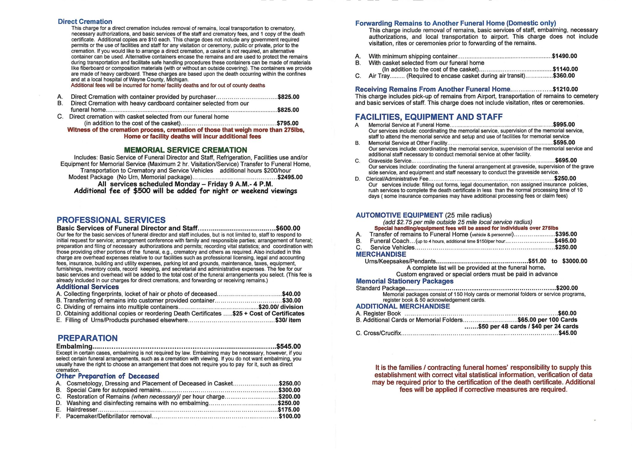 Our Prices - Professional Mortuary Services | Detroit, MI